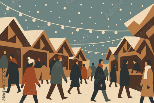 Retro Winter Festival. Winter festival crowd minimalist flat illustration of stylized figures walking among