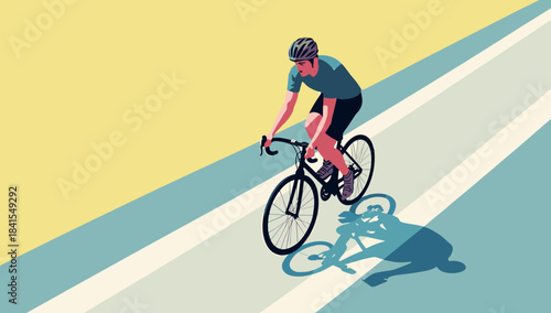 Male cyclist riding road bike in sunlight on long lane, concept of athletic outdoor training