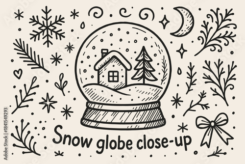 Whimsical Snow Globe. Snow globe close-up. Hand-drawn doodle illustration of Snow globe close-up. In the