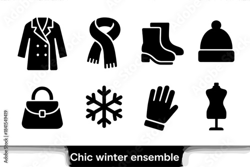 Chic Winter Icons. Chic winter ensemble. Filled icon set of Chic winter ensemble: coat, scarf, boots, hat, bag