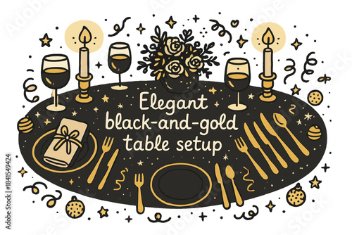 Elegant Table Doodle. Elegant black-and-gold table setup. Hand-drawn doodle illustration of Elegant