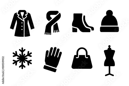 Winter Outfit Icons. Stylish winter outfit. Filled icon set of Stylish winter outfit: coat, scarf, boots, hat,