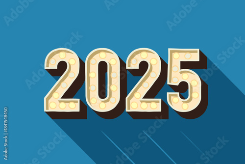Futuristic 2025 Lights. 2025 number lights decoration. geometric sans heavy, flat fills, long angled bright
