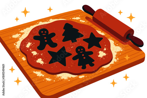 Festive Gingerbread Baking. Gingerbread cookies baking. Dough cut into festive shapes on a wooden counter,
