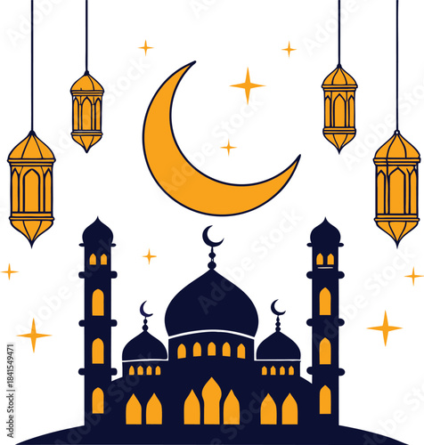 Ramadan kareem illustration featuring a dark blue mosque with illuminated windows a golden crescent moon and hanging ornate lanterns against a white background with scattered stars and sparkles