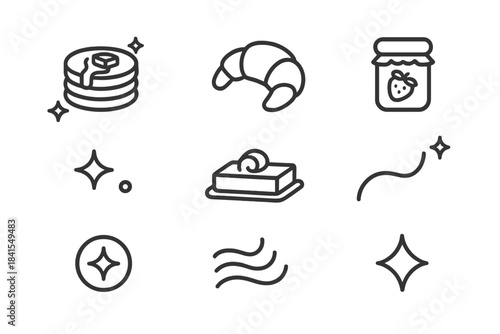 Breakfast Icon Collection. Breakfast food accents. Line outline icon set of Breakfast food accents: pancakes,