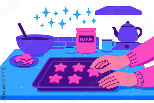 Festive Cookie Baking. Cozy kitchen baking. Hands placing cookies on baking sheet, soft spark icons floating
