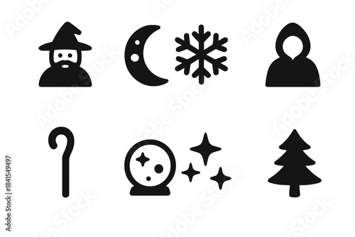 Frosty Night Icons. Frosty magic night. Filled icon set of Frosty magic night: wizard, moon, snowflake, cloak,