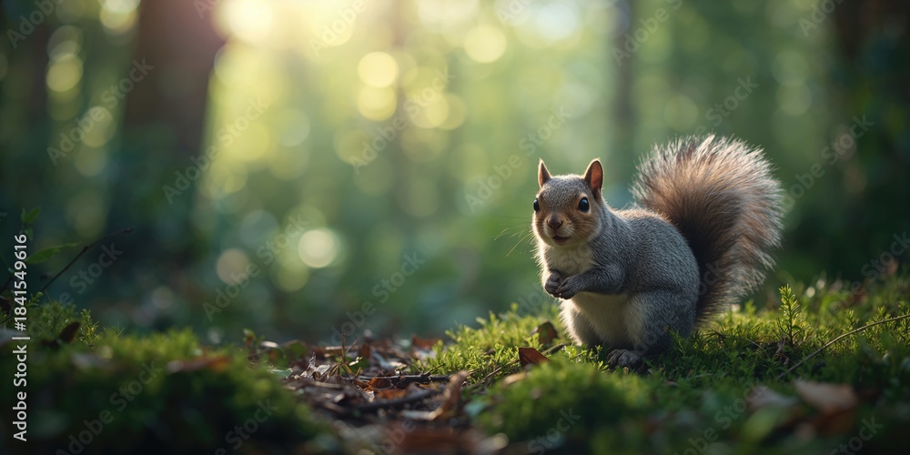 Fototapeta premium Forest scene with a squirrel, highlighting local fauna for nature study