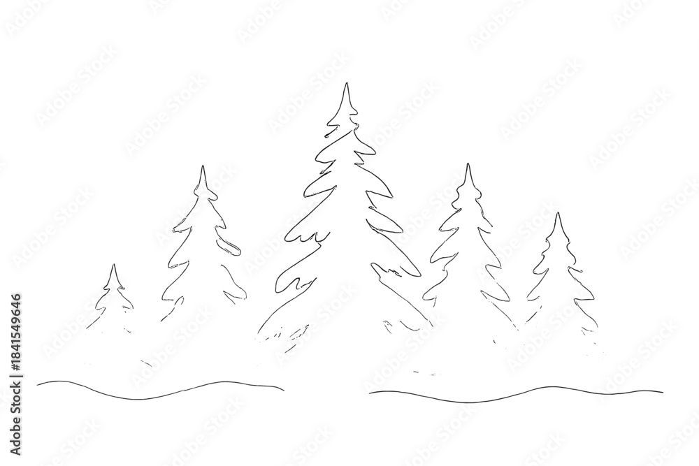Fototapeta premium Misty Winter Forest. Misty winter forest. Minimalistic one-line drawing snow-covered trees emerging from soft
