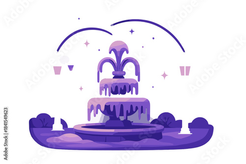 Serene Winter Evening. Evening winter square. Frozen fountain illuminated by street lamps, tiny spark icons