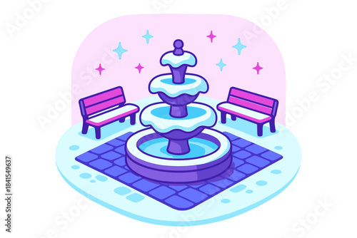 Frosty Winter Square. Snowy square vignette. Fountain surrounded by frosted cobblestones and benches, tiny