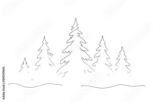 Misty Winter Forest. Misty winter forest. Minimalistic one-line drawing snow-covered trees emerging from soft
