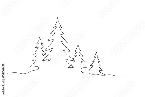 Minimalist Foggy Forest. Winter forest with fog. Minimalistic one-line drawing pine trees shrouded in mist
