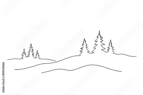 Minimalist Winter Mist. Winter mist scene. Minimalistic one-line drawing snowy forest landscape with layers of