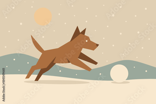 Dog Chasing Snowball. Dog playing with snowball minimalist flat illustration of a geometric dog leaping toward