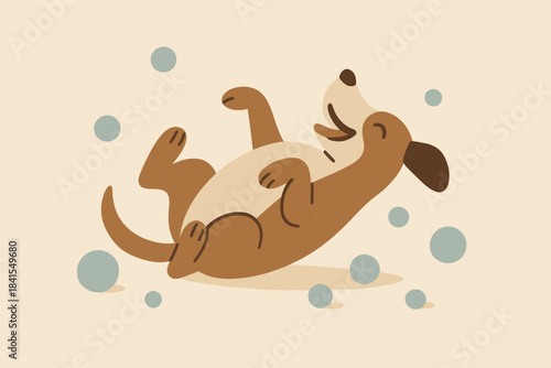 Dog's Snowy Delight. Joyful snow frolic minimalist flat illustration of stylized dog rolling in snow near