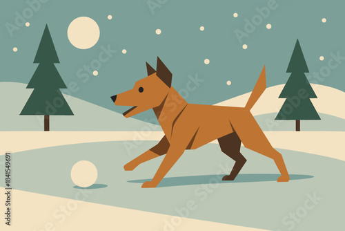 Retro Snowy Fetch. Frozen backyard fetch minimalist flat illustration of geometric dog and snowball in