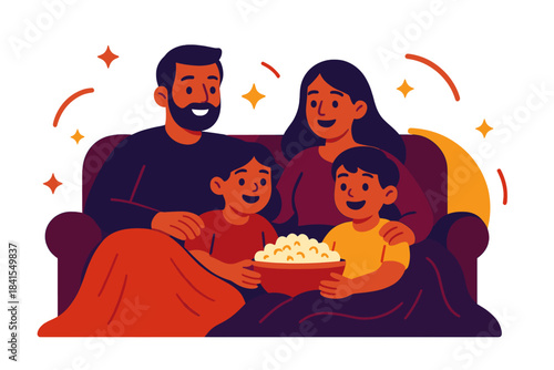 Cozy Family Movie Night. Family movie night at home. Family snuggled on couch with blankets and popcorn, soft