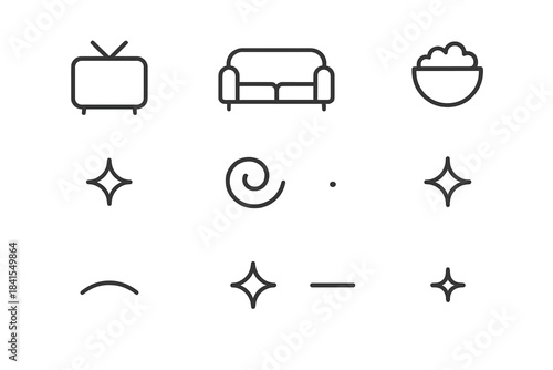 Minimal TV Icons. Minimal TV icons. Line outline icon set of Minimal TV icons: simple television, sofa outline
