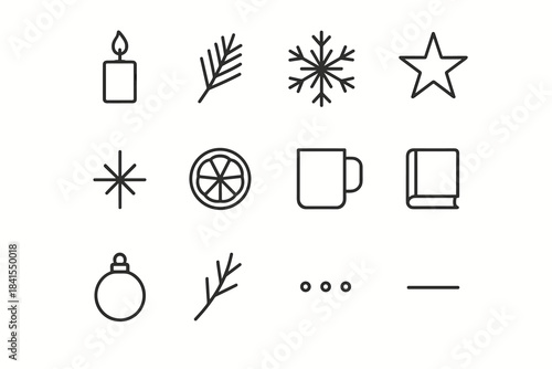 Minimal Winter Icon Set. Minimal winter still-life. Line outline icon set of Minimal winter still-life: candle