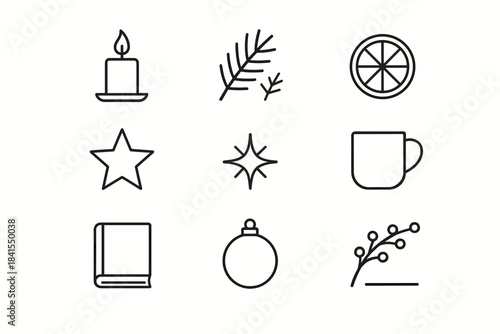 Elegant Winter Icons. Elegant winter still-life. Line outline icon set of Elegant winter still-life: candle,