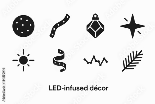 LED Icon Set. LED-infused décor. Filled icon set of LED-infused décor: LED sphere, dynamic strip, polygon