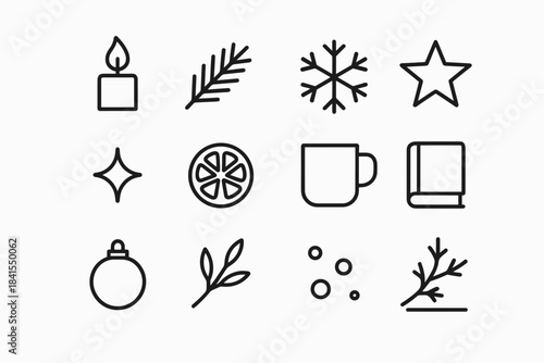 Winter Mood Icons. Winter mood still-life. Line outline icon set of Winter mood still-life: candle flame, pine