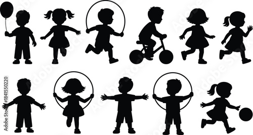 Silhouette children playing outdoors, kids running jumping skipping rope riding balance bike holding balloon and playing with ball in active preschool playground activity scenesSilhouette children pla