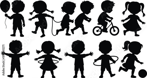 Silhouette children playing outdoors, kids running jumping dancing biking walking with balloon using hula hoop and playing ball in active preschool playground activity scenes