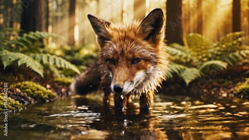 Fox in sunlit forest stream, stepping through water, ferns glow as early light filters. among ferns!