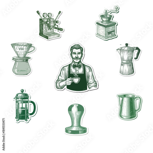 A vintage-style illustration of a barista surrounded by various coffee-making tools and equipment