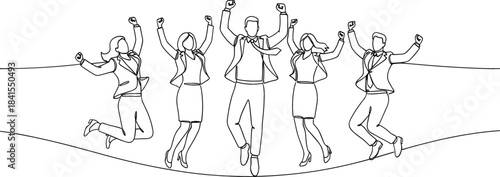 Continuous one-line art drawing of five excited business professionals in formal attire jumping high together, celebrating team success and achievement
