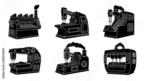 Industrial equipment vector set monochrome icons, manufacture processing machines, automated production conveyor, factory machinery, steel furnace with smoke