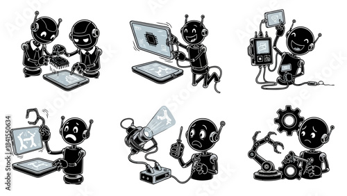 Robots work with computers, repair and programming technology, artificial intelligence, electronic devices, troubleshooting gadgets, futuristic workers