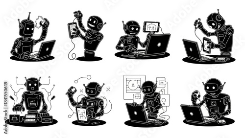 Robot programming and development, working with laptops and smartphones, creating applications, software engineers, automation solutions, digital devices