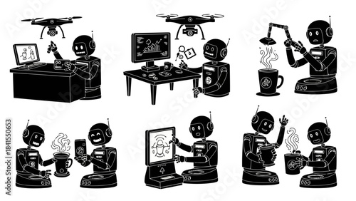 Robots working in an office, using drones, serving coffee, operating computers, digital workplace, automation and technology, innovative solutions