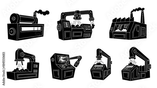 Industrial factory machine processing with smoke vector icons set, symbolizing automated manufacturing and heavy industry processes in black and white silhouette