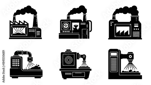 Industrial factory with smoke stack production line icons set, symbolizing manufacturing facility automation and heavy industry operations in black and white silhouette