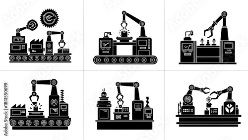 Industrial robotic arm production line icons set, illustrating automated factory manufacturing and advanced technology in black and white silhouette