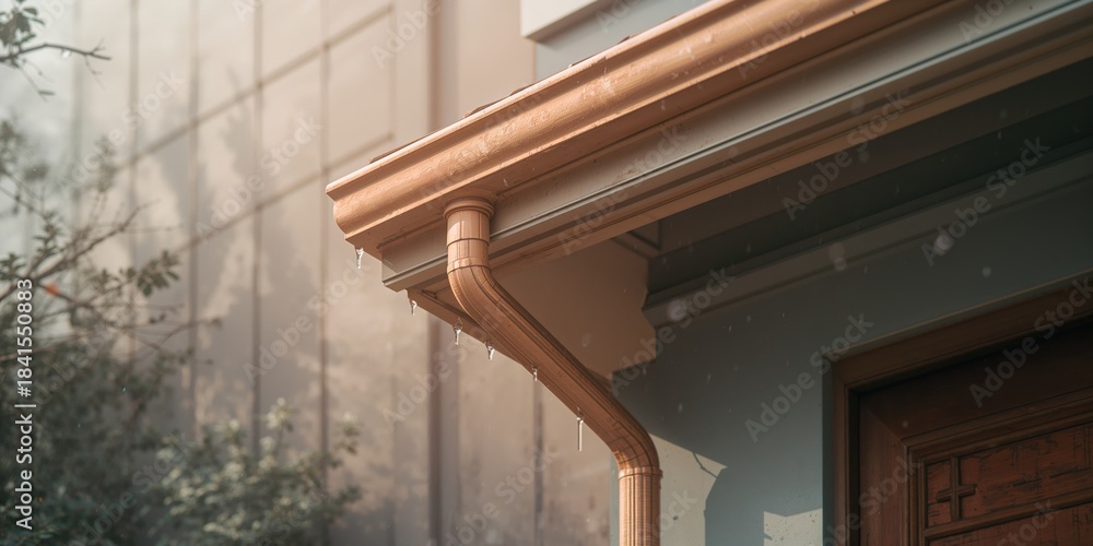 Naklejka premium Building facade with rain gutter pipe, designed for water runoff management, infrastructure maintenance