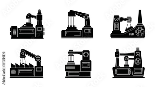 Collection of six monochrome industrial robotic arm machines for manufacturing and automation processes, showcasing modern factory equipment design on clean white background