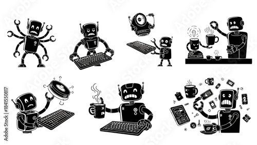 Set of various monochrome robot characters experiencing frustration and stress while interacting with keyboards and hot beverages, depicting common work-related struggles on white background