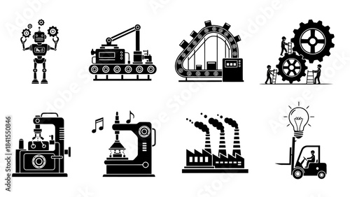 Eight monochrome icons illustrating industrial concepts with robots, manufacturing machinery, conveyor systems, factories, and innovation symbols on clean white background