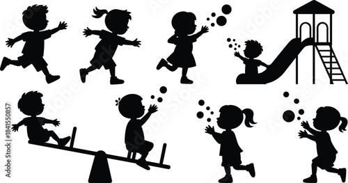Silhouette children running blowing bubbles sliding on playground seesaw and playing outdoors, active preschool kids in fun park activity scene illustration