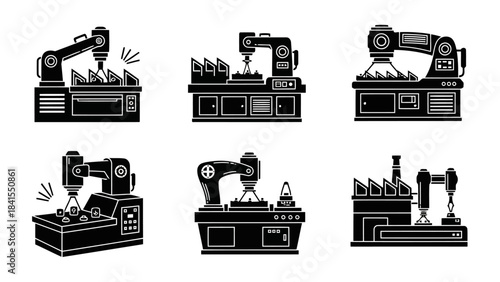 Industrial robotic arm set flat style collection of automated manufacturing machinery for various production processes and assembly lines in factory environment
