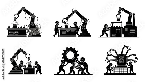 Industrial robotic arms and workers working together on production line set monochrome icons of human machine collaboration in manufacturing industry