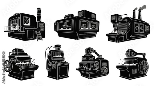 Industrial factory machine production line vector set of automated manufacturing process mechanical equipment for modern heavy industry plant processing facility