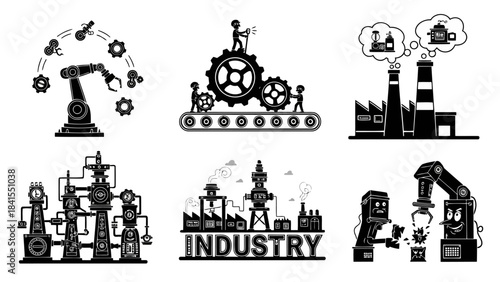 Industrial factory production process vector set of manufacturing elements robotic arm gears and factory buildings symbolizing industry development