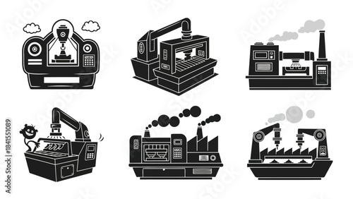 Set of industrial machines and factory equipment vector icons featuring various automated manufacturing tools for processing and production